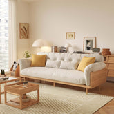 Beige upholstered sofa with cotton linen fabric and solid wood frame for living room